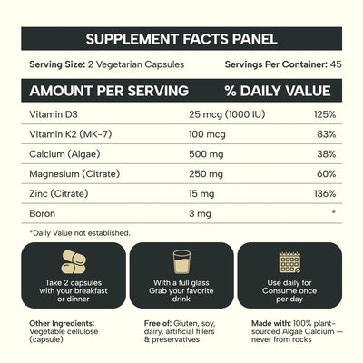 Bone Density Formula 6-in-1 — With 500mg Algae Calcium, D3, K2, Magnesium, Zinc & Boron