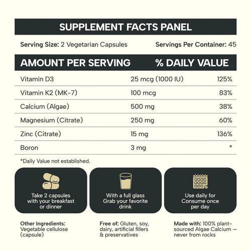 Bone Density Formula 6-in-1 — With 500mg Algae Calcium, D3, K2, Magnesium, Zinc & Boron