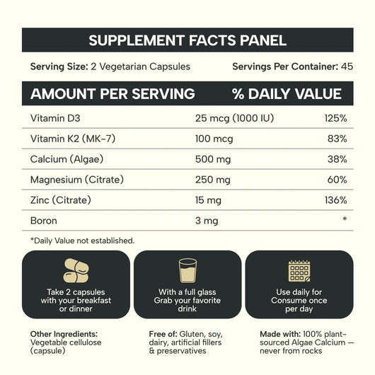 Bone Density Formula 6-in-1 — With 500mg Algae Calcium, D3, K2, Magnesium, Zinc & Boron